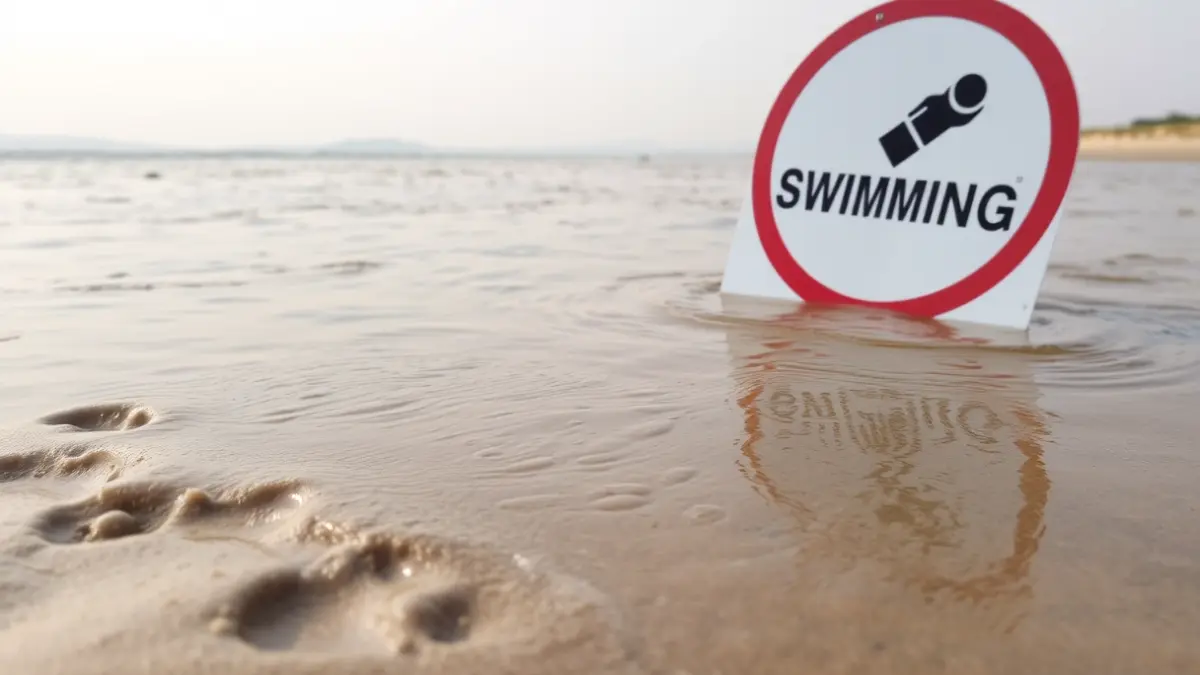 No swimming sign on a Málaga beach, with murky water and wet sand.