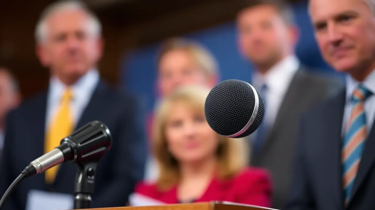 Imagen genérica de un micrófono en un atril durante una rueda de prensa.