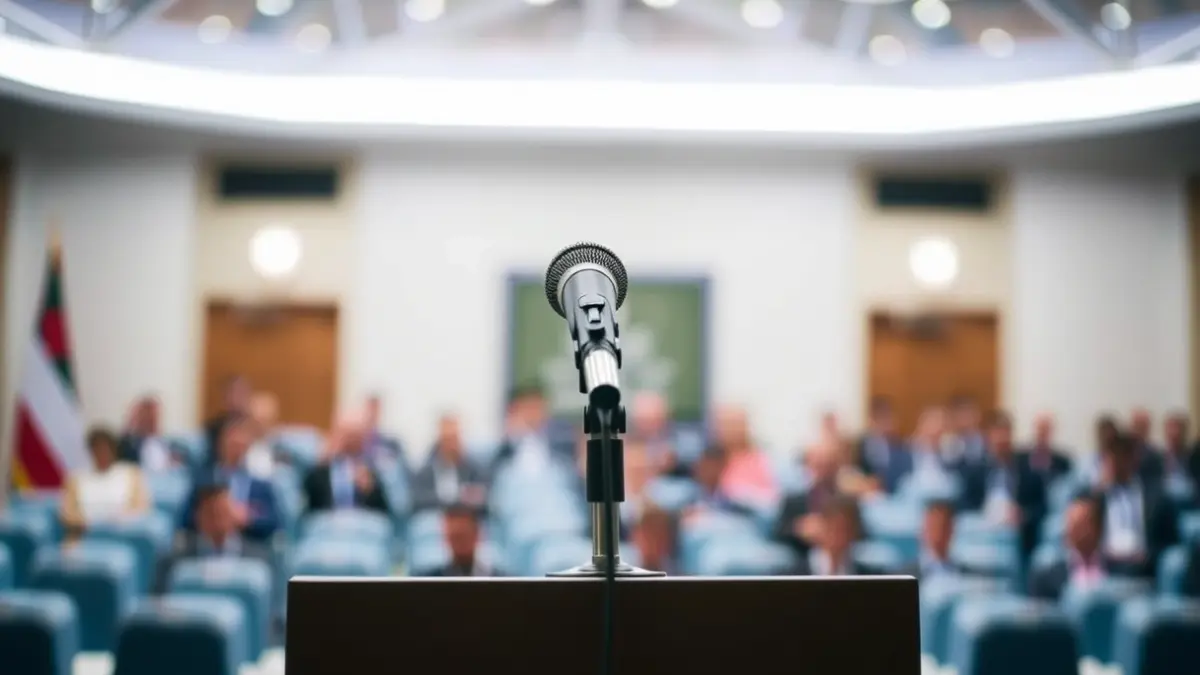 Generic image of a microphone on a podium during a political event.