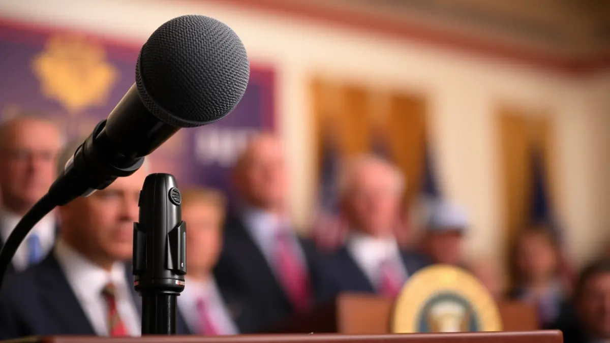 Imagen genérica de un micrófono en un atril durante una rueda de prensa política.