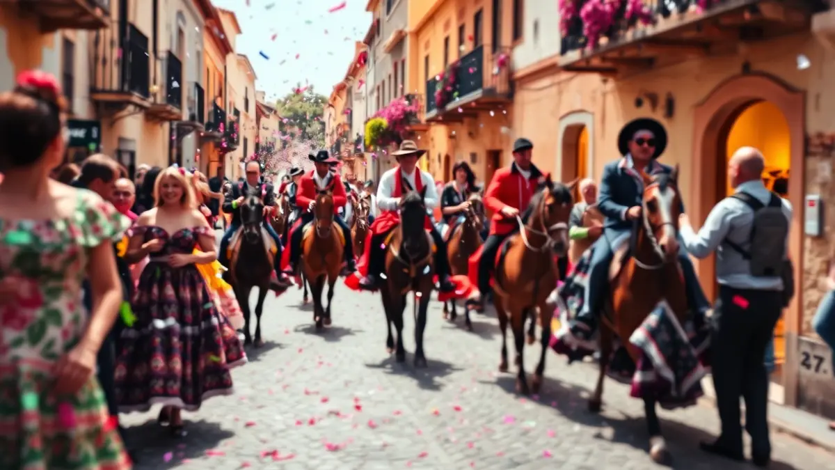 Imagen de la Romería de Pruna, con personas vestidas de flamenca y caballistas.