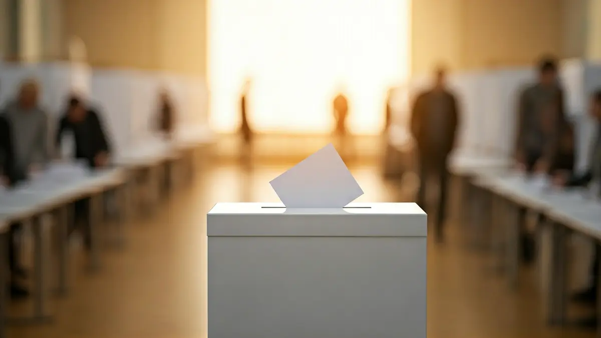Imagen genérica de una urna electoral en un colegio, con votantes difuminados al fondo.
