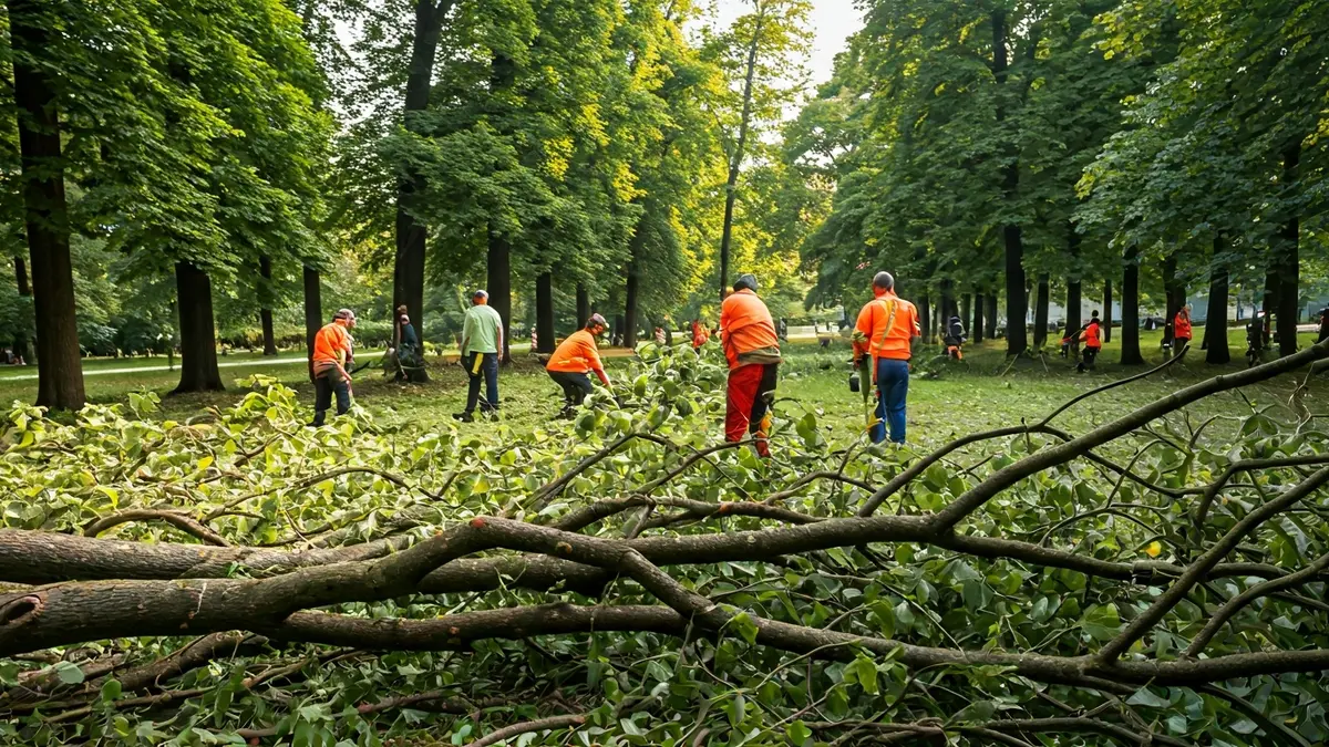 Trabajadores retirando ramas de árboles caídos en un parque.