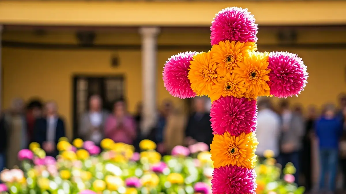 Imagen de una cruz floral decorada en un patio andaluz, con flores de primavera.