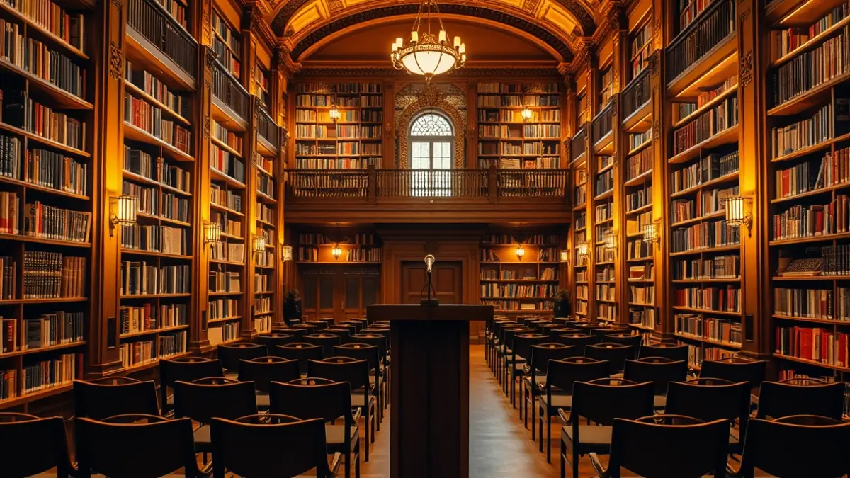 Generic image of a library with wooden bookshelves and a cozy atmosphere.