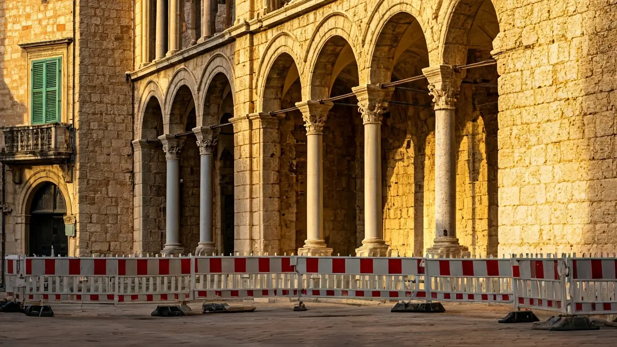 Facade of the Casa de las Columnas in Puerto Real with scaffolding and ongoing construction.