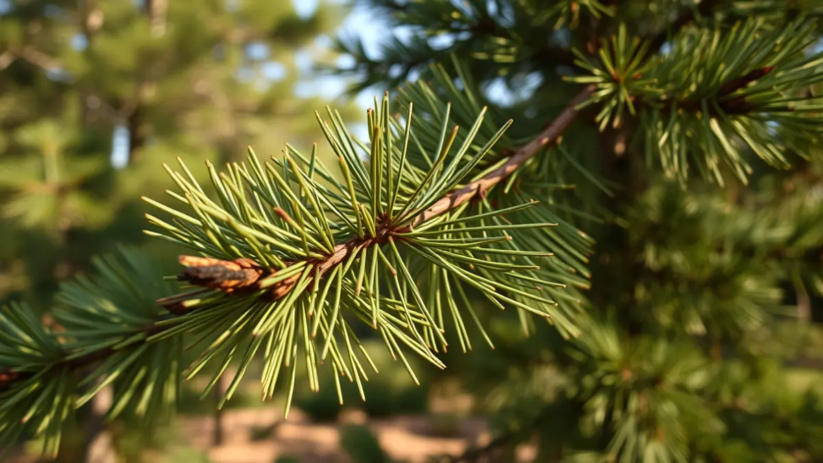 Imagen de una rama de pino con agujas quemadas y verdes, en un bosque mediterráneo.