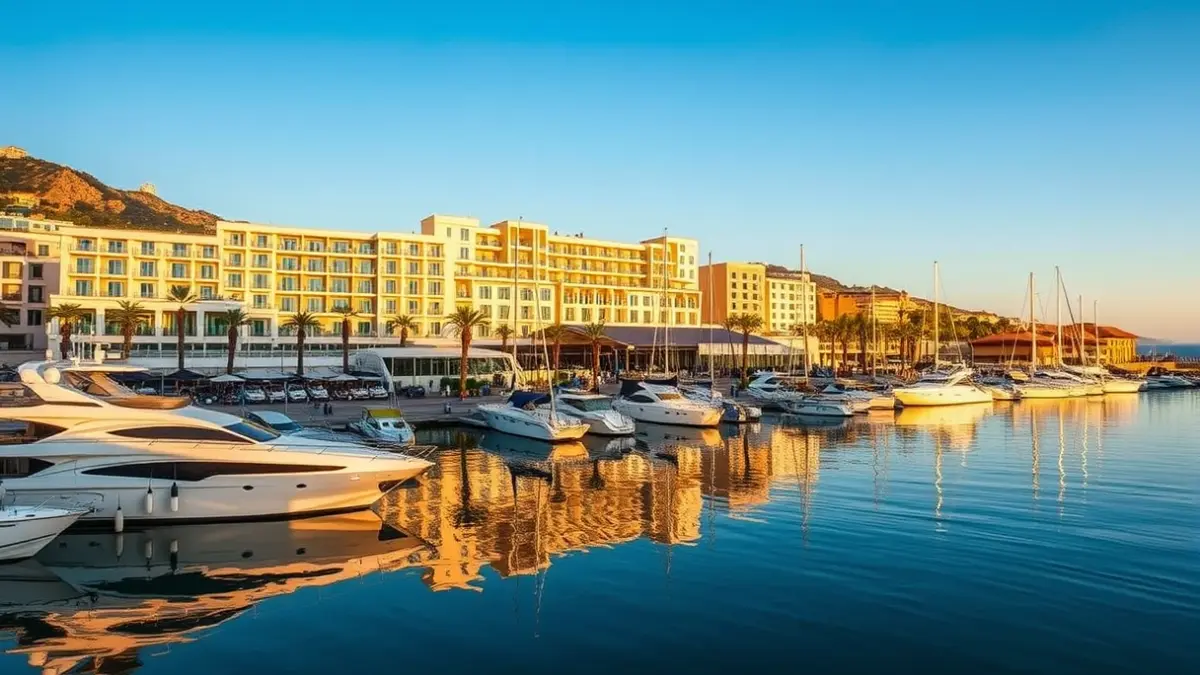 Aerial view of a coastal hotel and marina complex, featuring modern buildings and yachts.