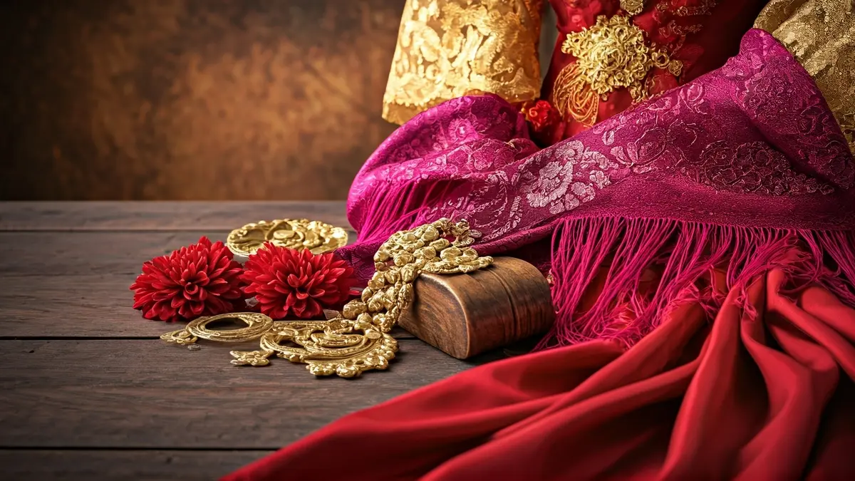 Imagen de telas fucsia y rojas con accesorios dorados y un mantón de Manila, representando la moda para la noche del pescaíto.