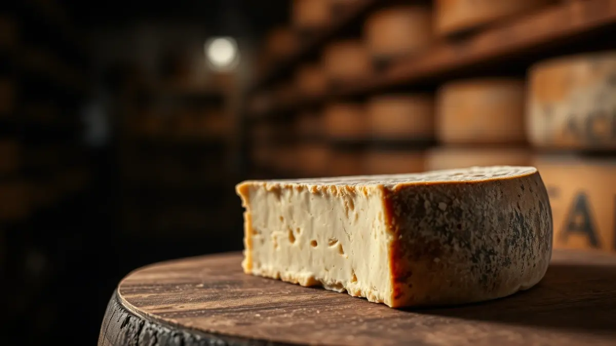 Generic image of cured cheese in a traditional cellar.