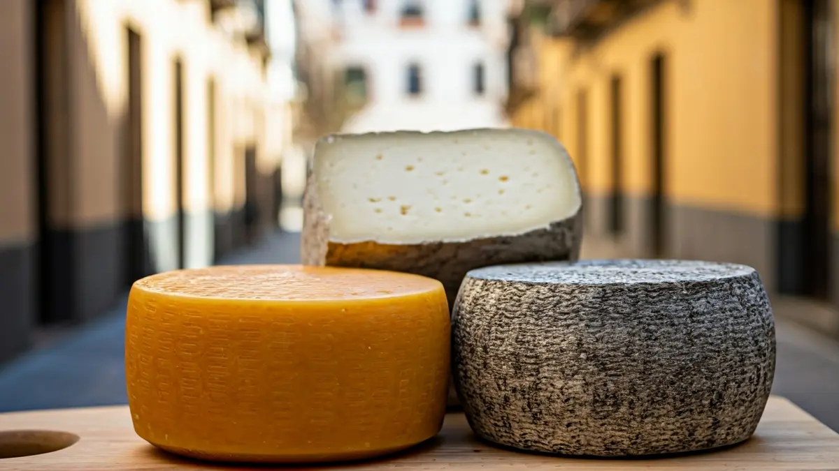 Imagen de quesos artesanales premiados en un concurso, con un fondo rural andaluz.