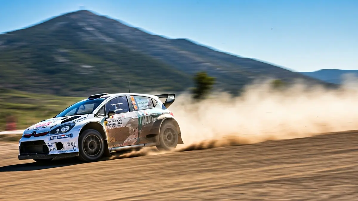 Image of a rally car tire kicking up dust on a dirt track.