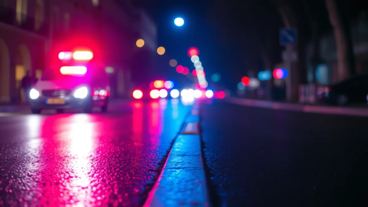 Generic image of emergency lights reflected on wet asphalt.