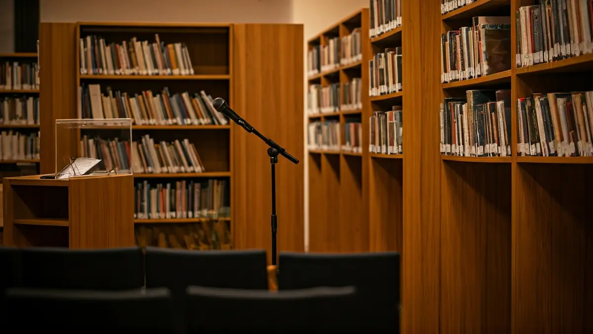 Imagen genérica de un interior de biblioteca con estanterías de madera y un podio con micrófono, evocando un ambiente de recital o presentación cultural.