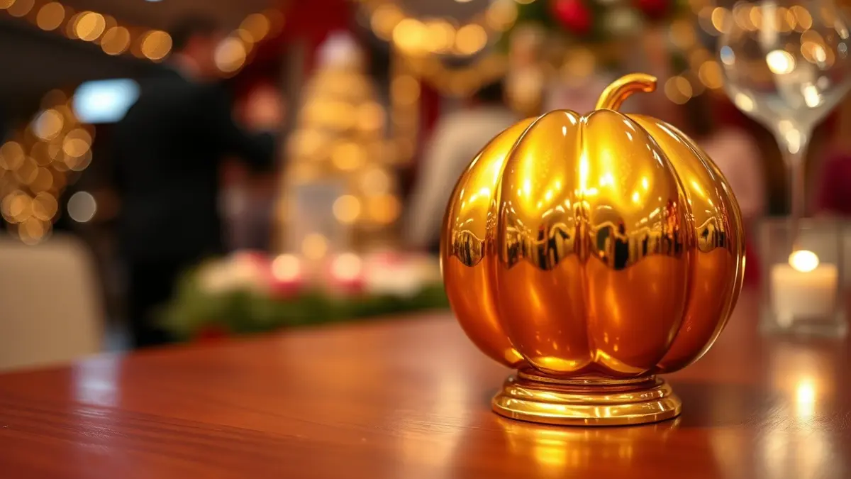 Imagen de un galardón dorado, la Níspola de Oro, en un evento festivo.