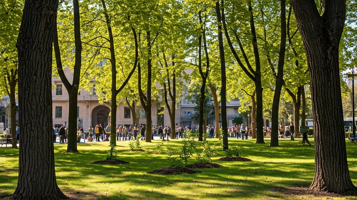 Generic image of an urban park with lush trees and people enjoying the green space.