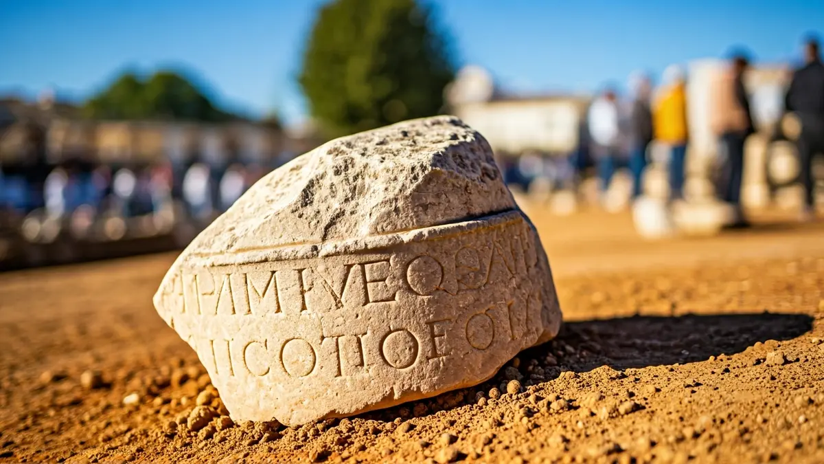 Roman milestone with inscriptions, partially buried in earth.