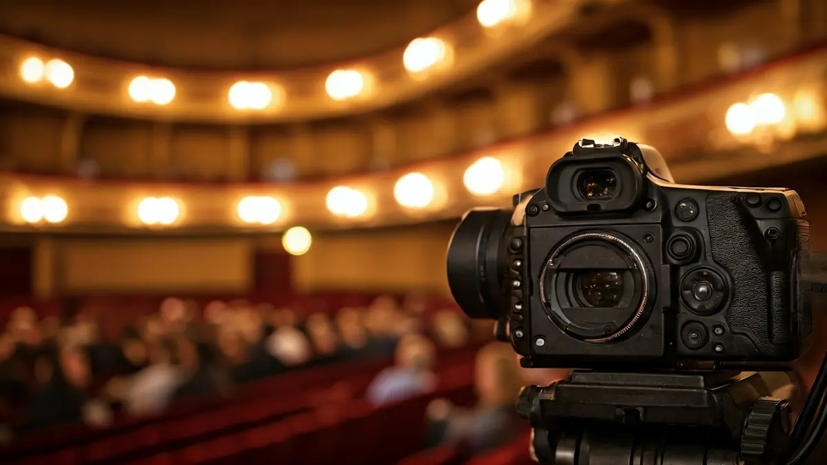 Imagen de equipos audiovisuales profesionales en un entorno teatral.