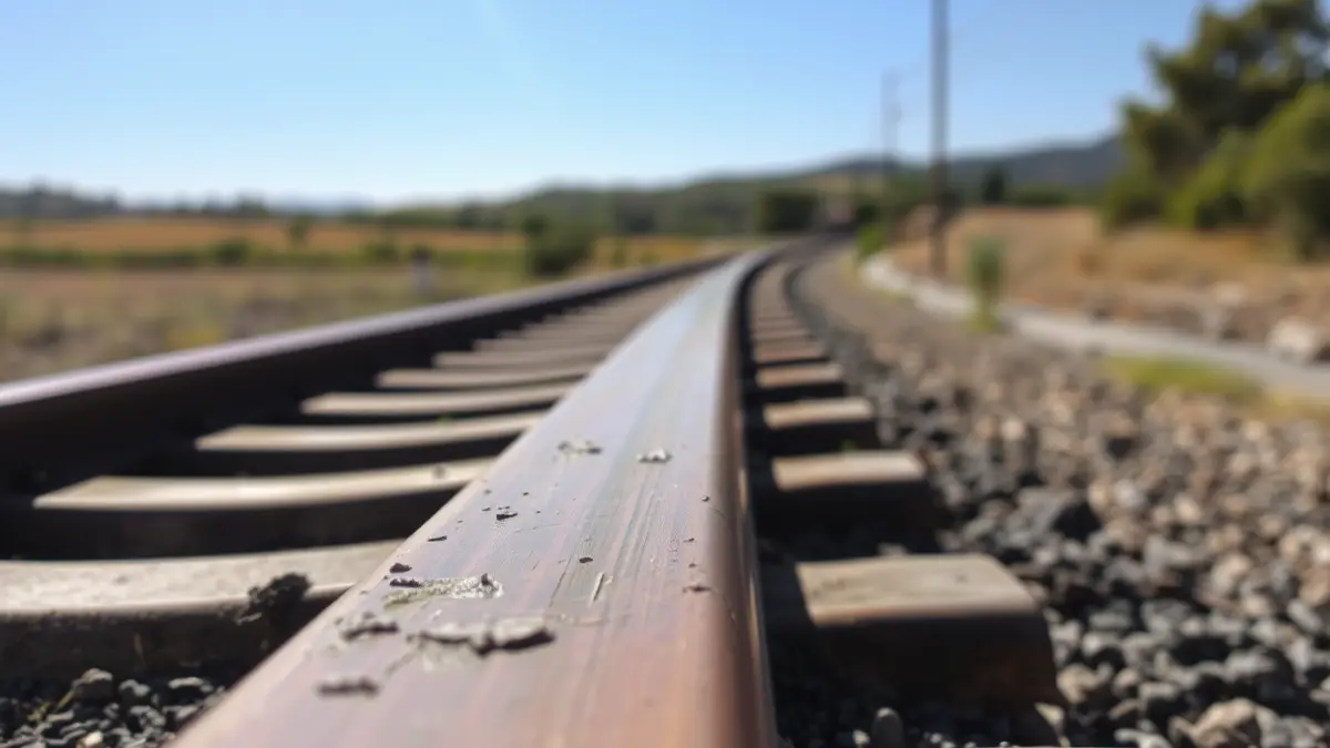 Train track with signs of wear in a rural Andalusian landscape.