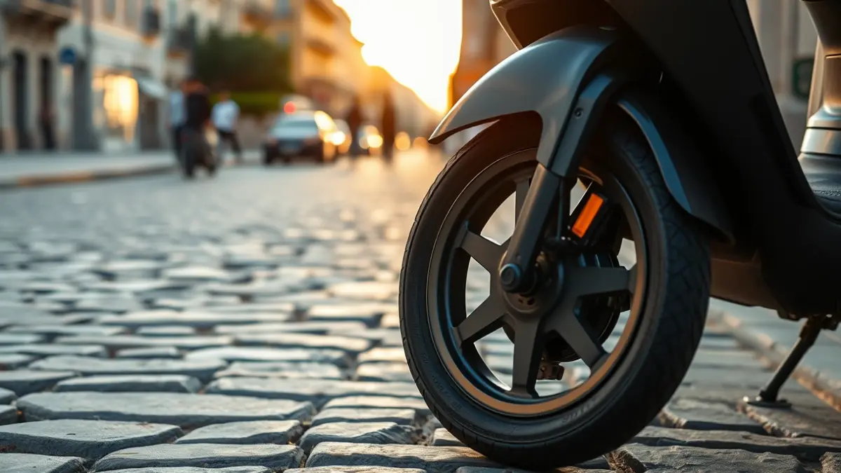 Imagen genérica de un patinete eléctrico aparcado en una acera de piedra.
