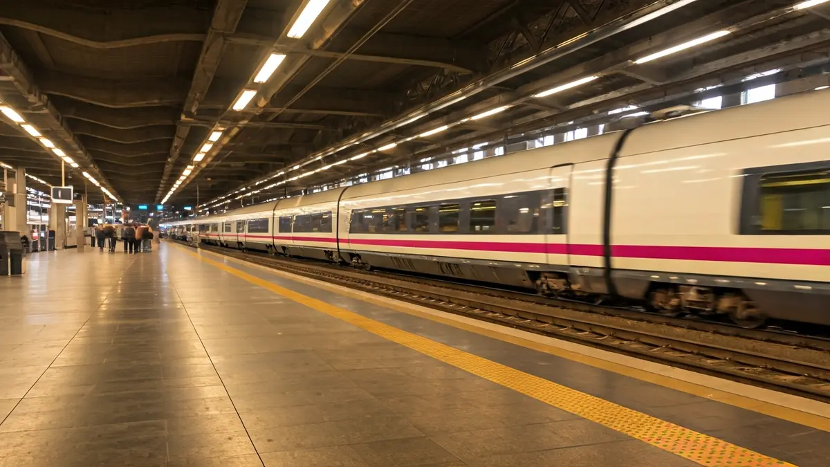 Imagen genérica de una estación de tren con viajeros y un tren esperando.