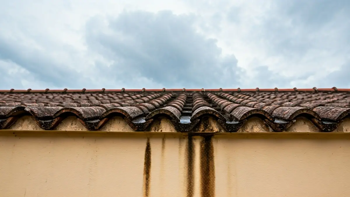 Tejado dañado de un edificio escolar tras un temporal, con tejas rotas y manchas de humedad.