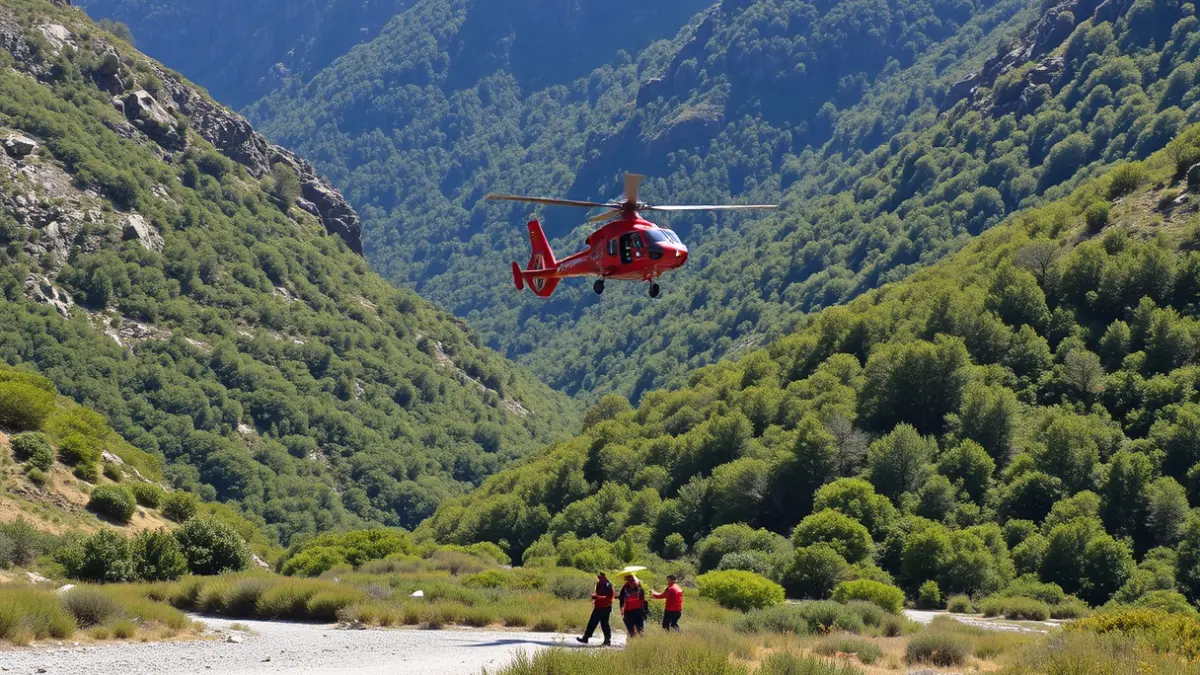 Rescue helicopter flying over a mountainous area in Sorbas.