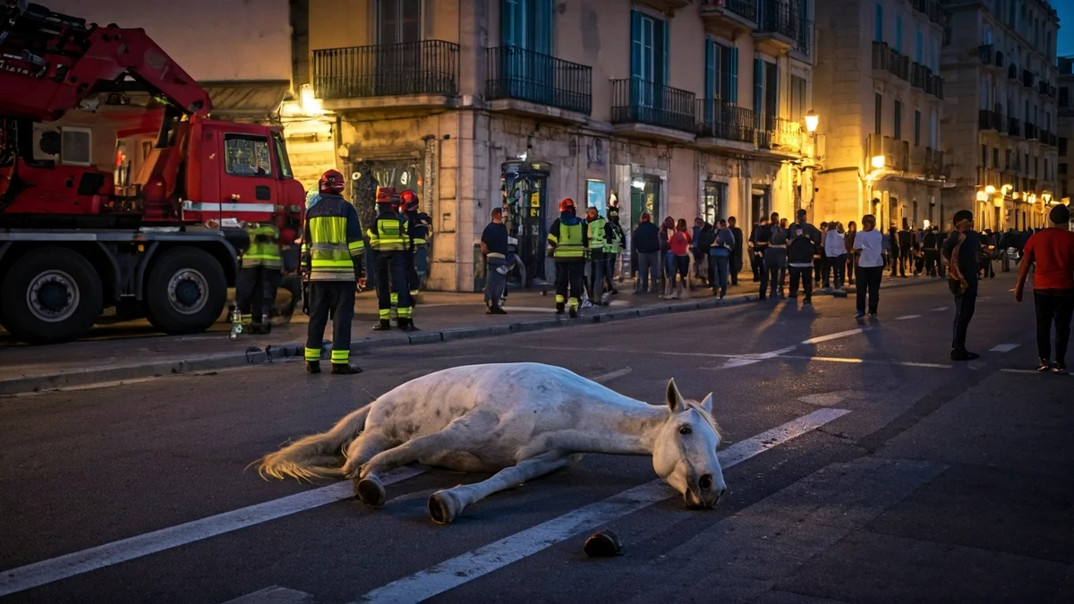 Caballo blanco tendido en la calle San Agustín de Jerez, rodeado de bomberos y una grúa.