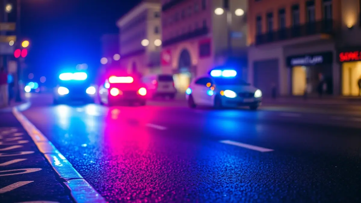 Imagen genérica de luces de emergencia reflejadas en el asfalto mojado durante la noche.