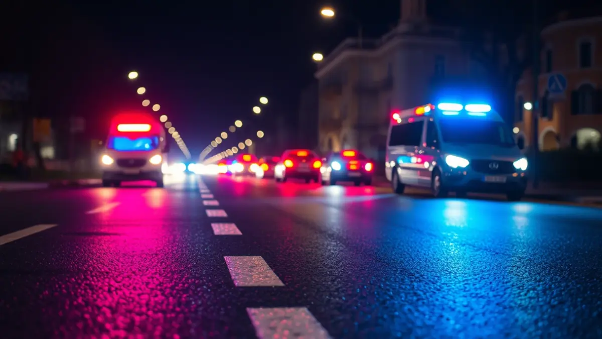 Imagen genérica de luces de emergencia reflejadas en el asfalto mojado por la noche.
