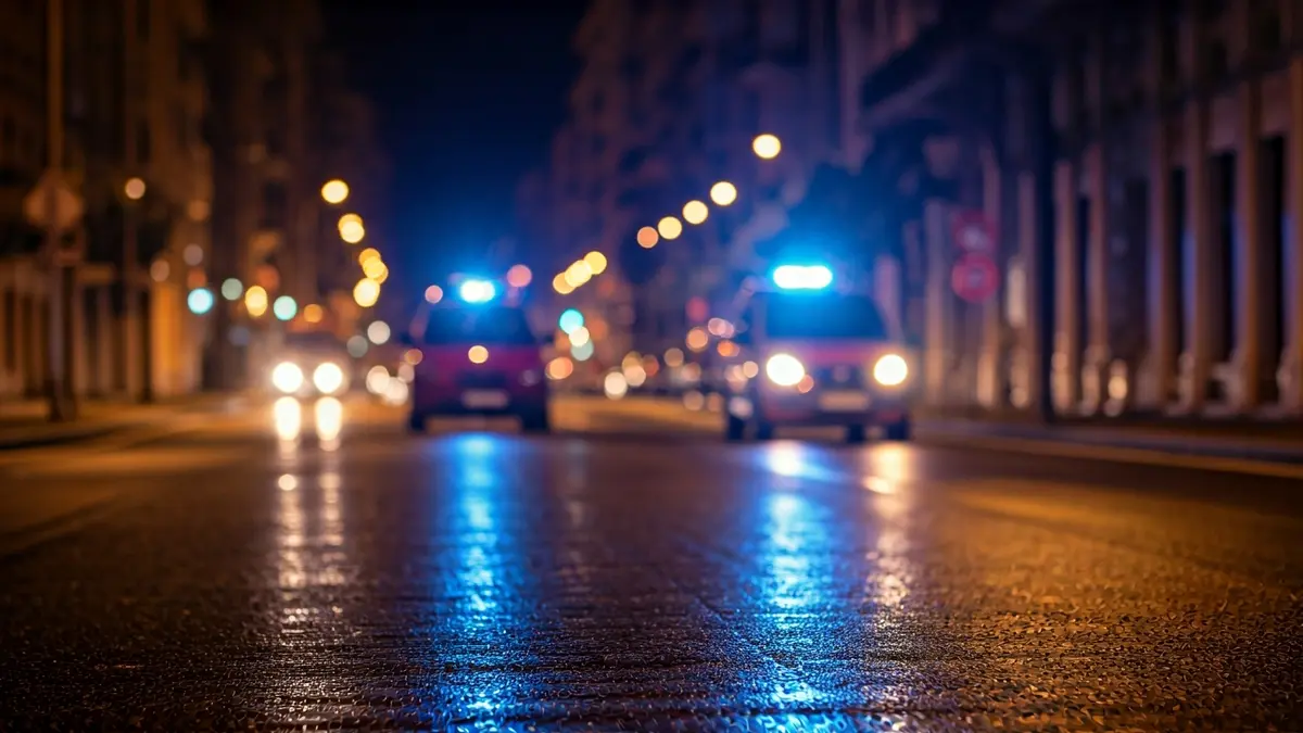 Imagen genérica de luces de emergencia reflejadas en el asfalto mojado.