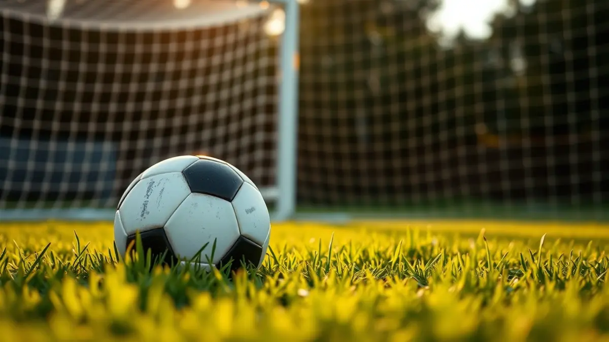 Imagen genérica de un balón de fútbol en el césped, con la portería desenfocada al fondo.
