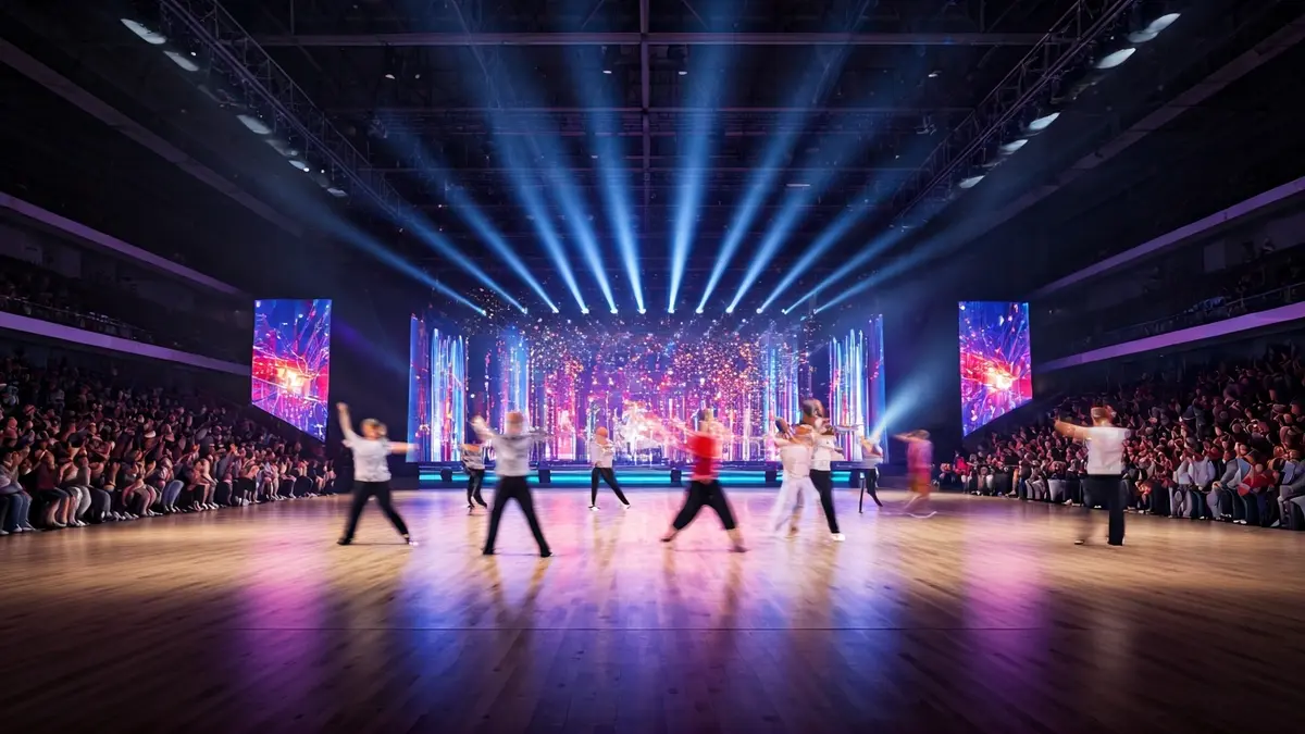 Imagen de un escenario con bailarines en movimiento durante una competición de baile.