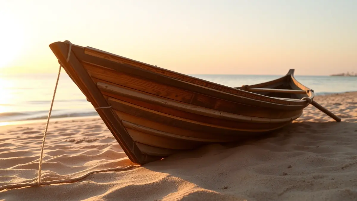 Imagen de una chalana tradicional en la playa al amanecer.