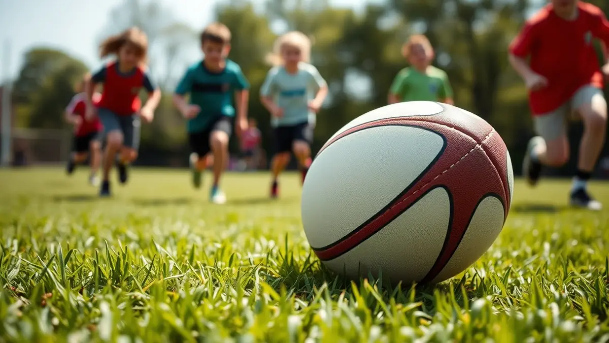 Imagen genérica de un balón de rugby en un campo de hierba, con jóvenes jugando de fondo.