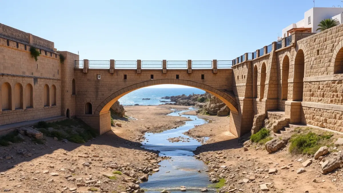 Imagen del puente sobre el arroyo Totalán en Rincón de la Victoria, mostrando la estructura restaurada y las nuevas barandillas.