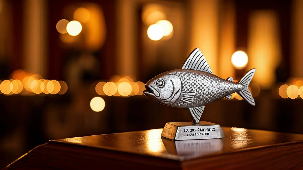 Imagen de un galardón con forma de boquerón de plata en un evento de gala.