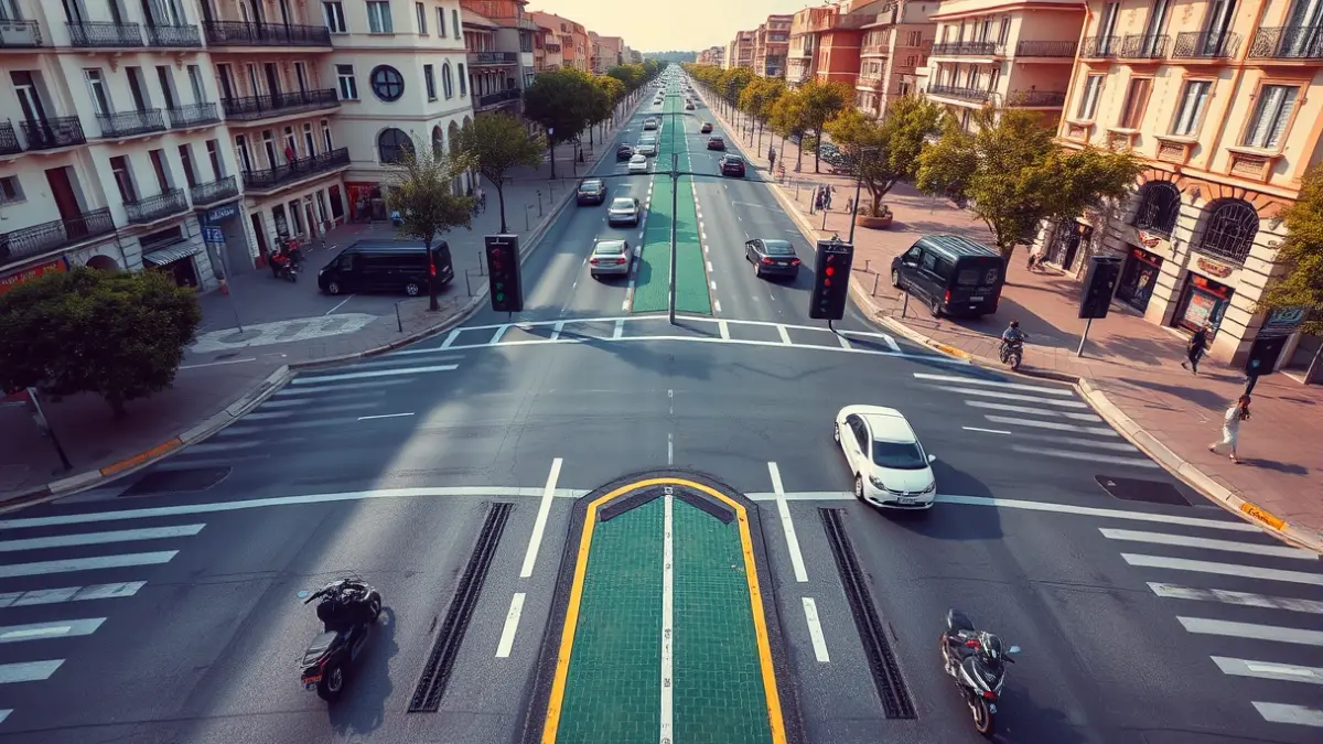 Imagen aérea de una intersección urbana con semáforos y vehículos, tomada desde un dron.