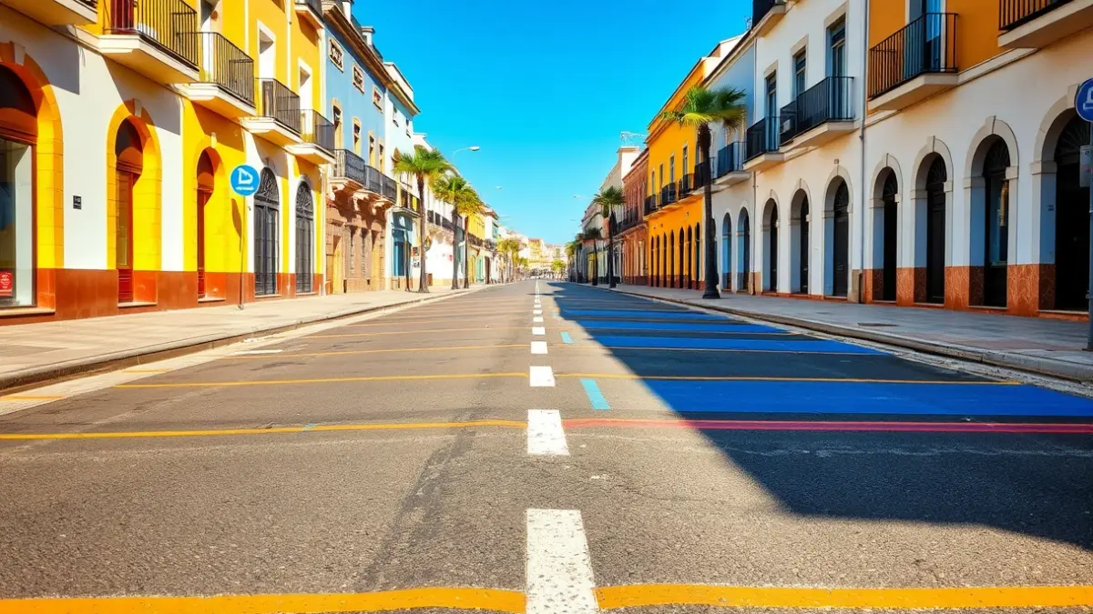 Imagen genérica de una calle con líneas de estacionamiento de colores en un pueblo andaluz.