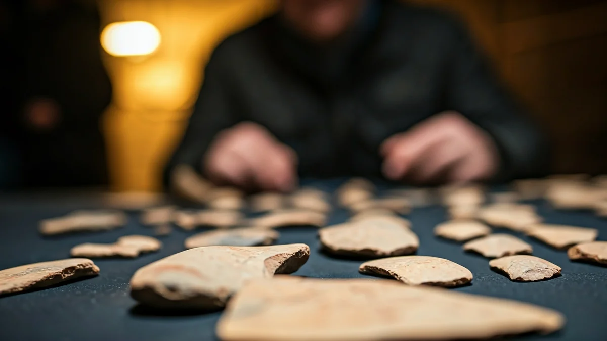 Generic image of archaeological tools and vestiges on a study table.