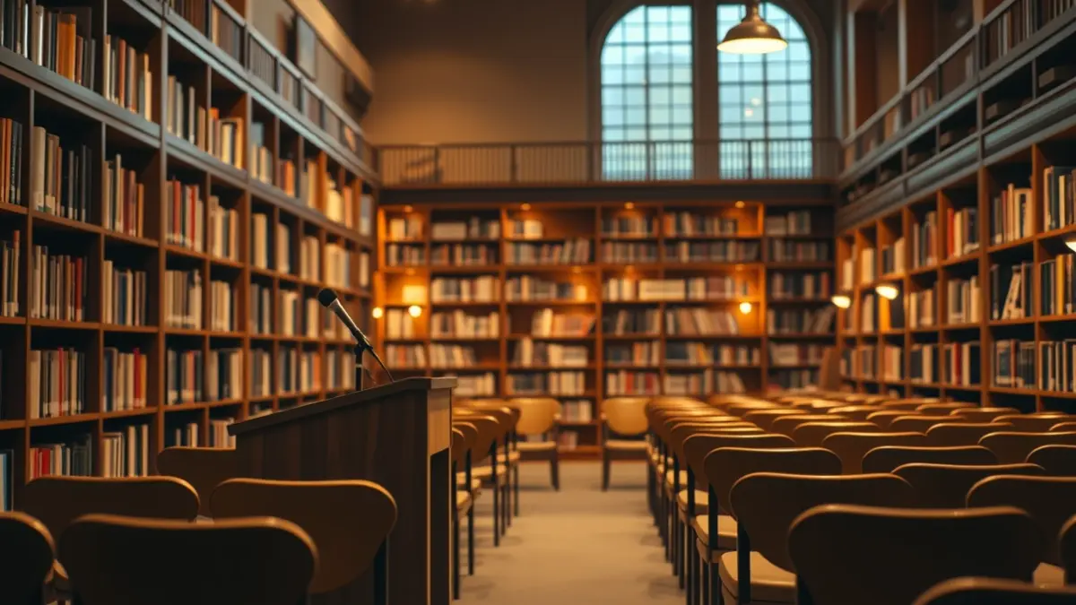 Imagen genérica de un interior de biblioteca con un podio y sillas, iluminado cálidamente.