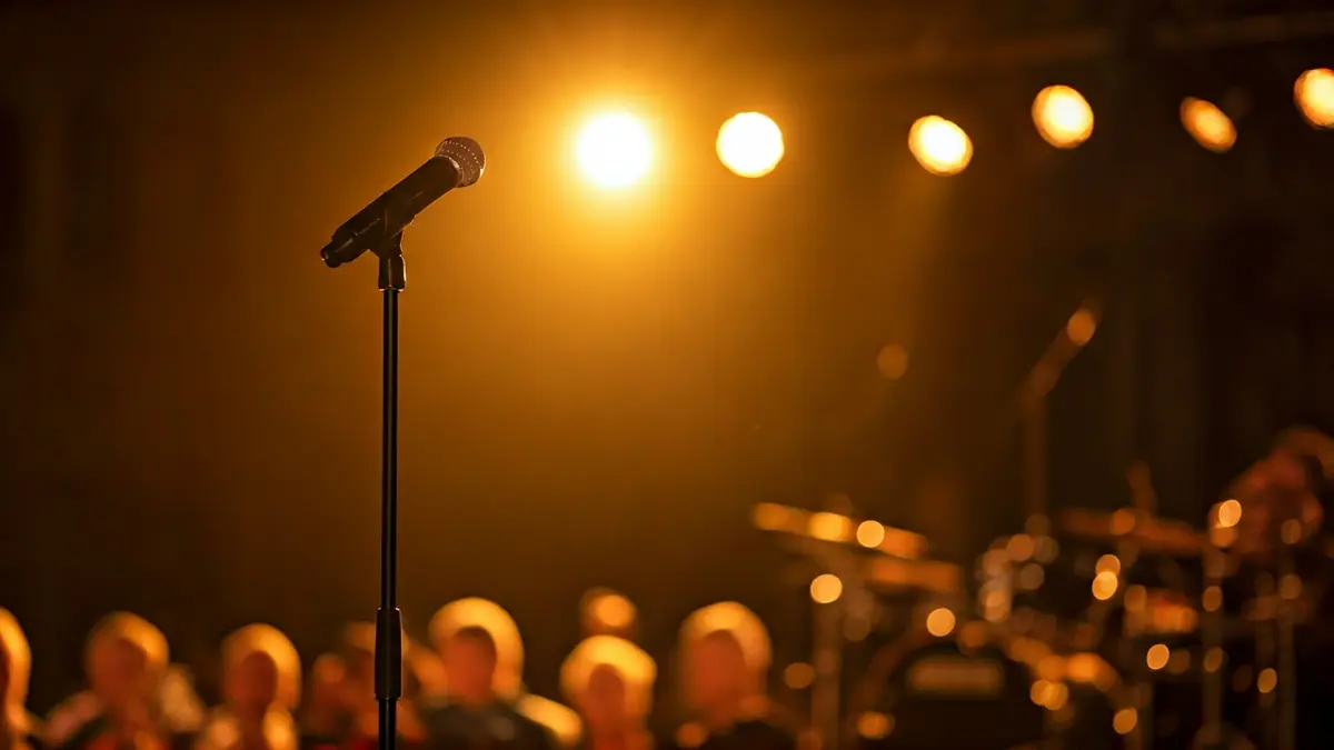 Imagen genérica de un escenario con un micrófono, instrumentos musicales y luces teatrales.