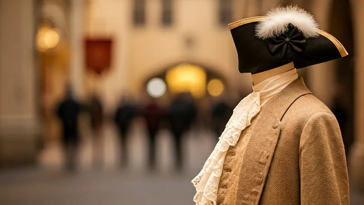 Image of an 18th-century period costume, made of wool and cotton fabrics, in a museum setting.