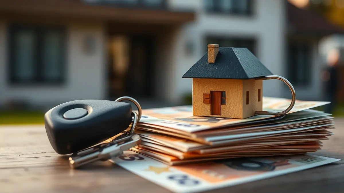 Generic image of a house key on euro banknotes, symbolizing home purchase.