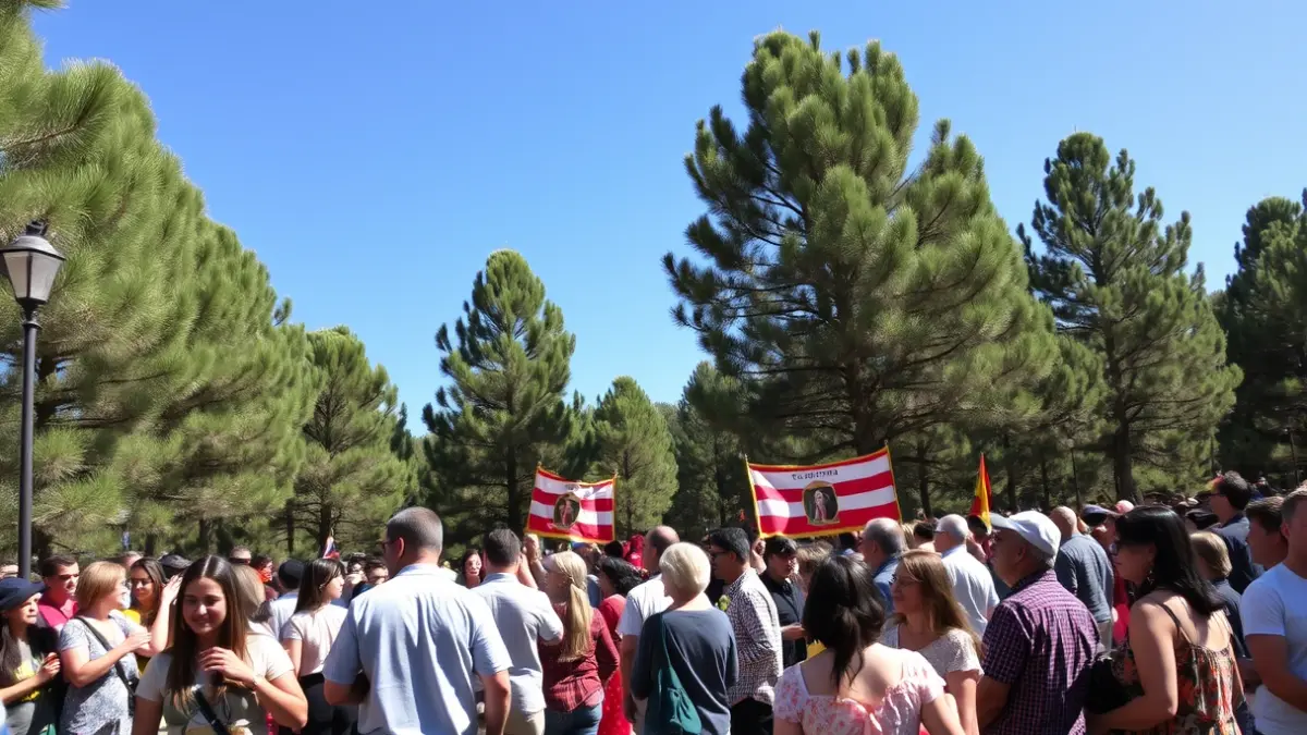 Image of the Romería de San Isidro Labrador in Rota, with participants and carts in a pine forest.