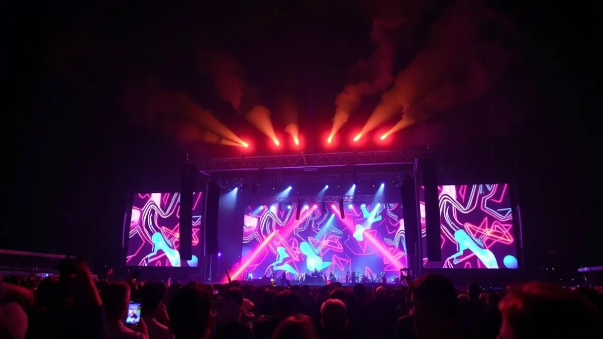 Image of an electronic music festival with a large LED screen and vibrant lights.