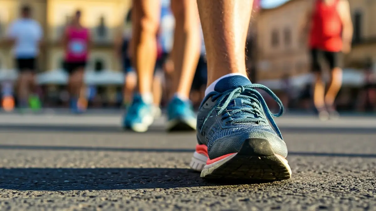 Imagen genérica de unas zapatillas de correr en una carretera, con un fondo urbano difuminado.