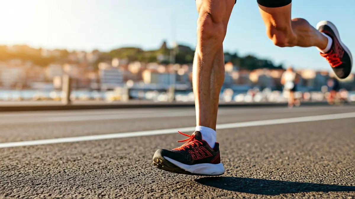 Image of a runner's legs in motion on a coastal road.