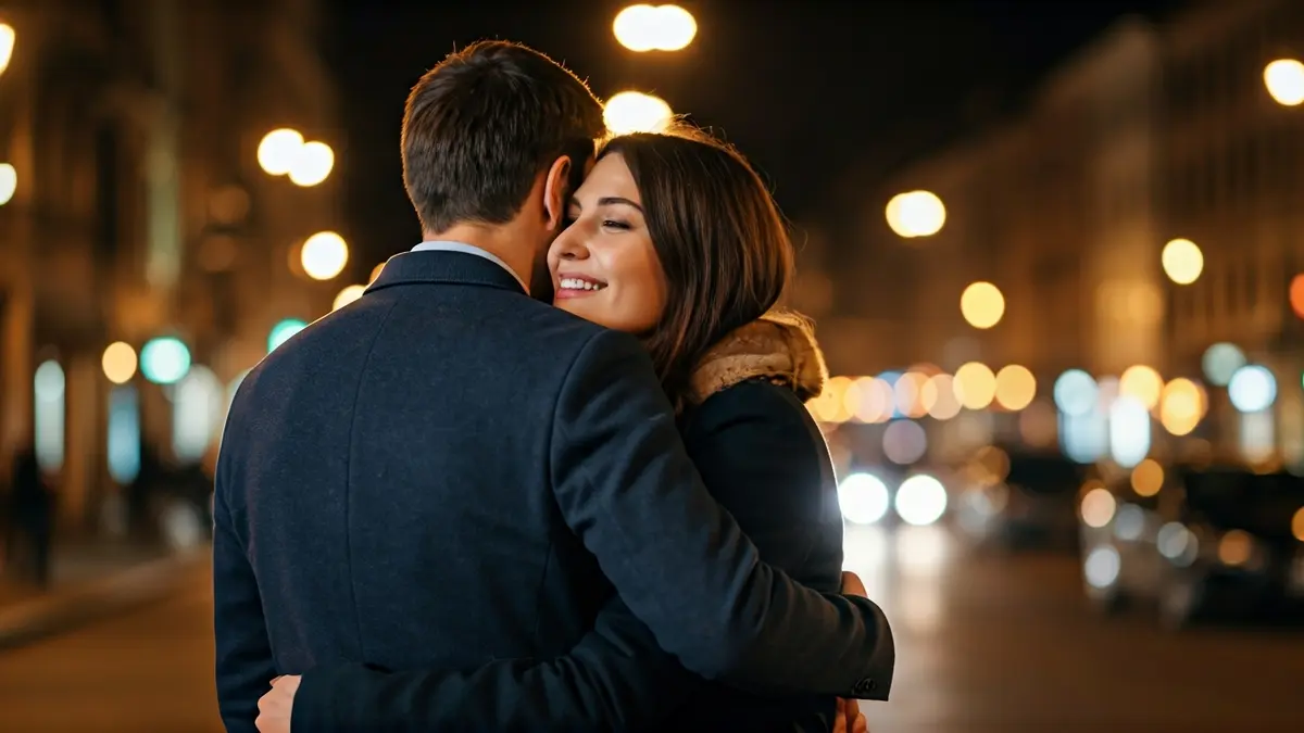 Imagen de una pareja abrazándose en un entorno urbano, con luces borrosas de fondo.