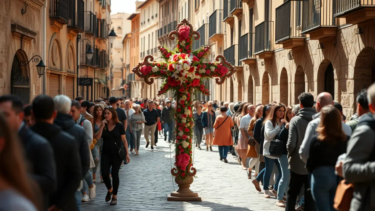 Image of a decorated floral cross in a street of Córdoba during the May Crosses festival.